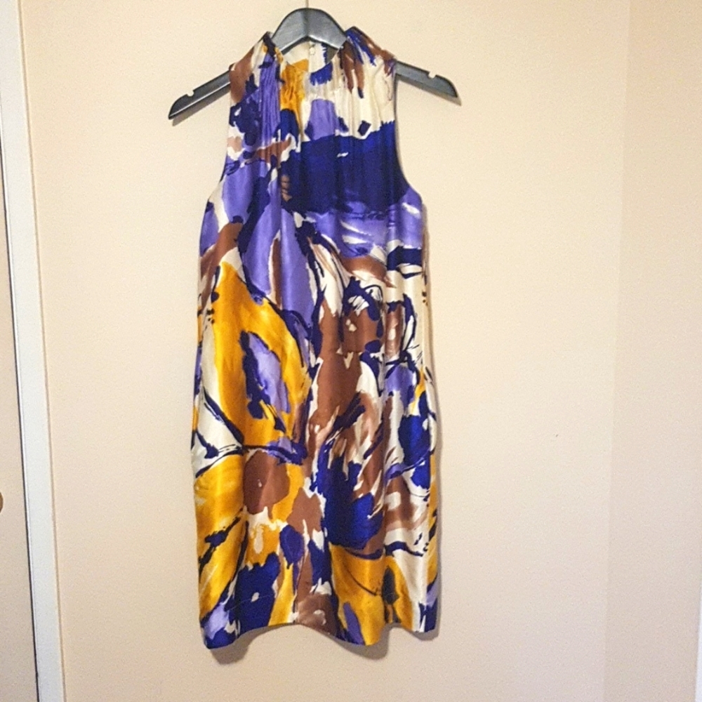 Taylor 100% silk yellow and purple abstract collared midi dress